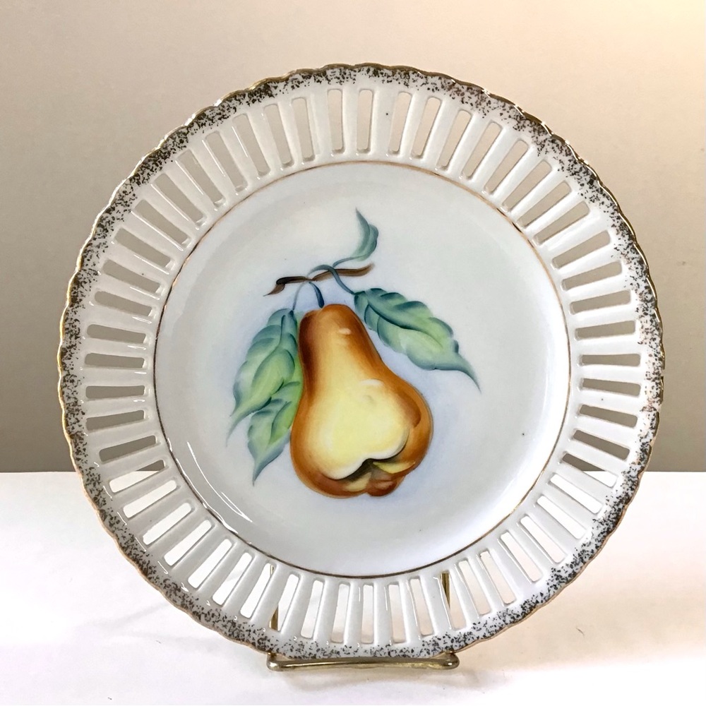 Vintage Wales Decorative Plate Pear Fruit Design Gold Trim Reticulated Japan